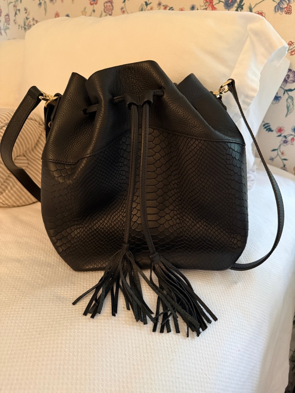 GiGi New York Embossed Lizard Leather Drawstring Bucket Bag
